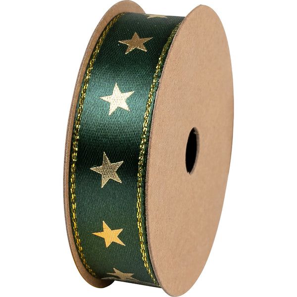 Double Faced Satin Ribbon Spool 15mm x 3m Green Stars